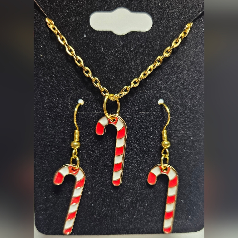 Handmade Candy Cane Necklace & Earrings Set